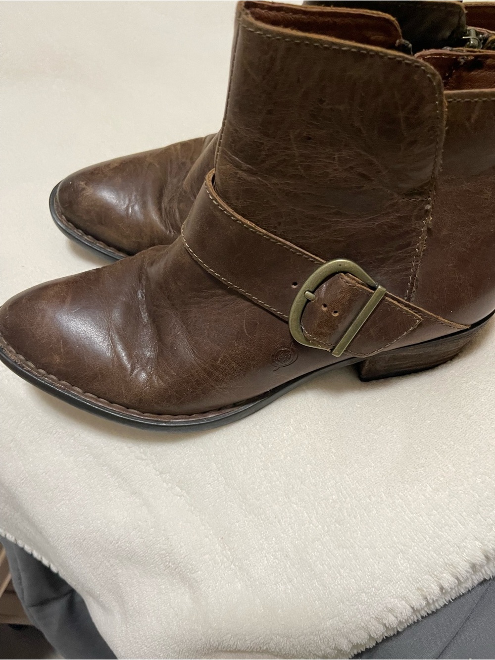 Born Brown Leather Ankle Booties with Side Zip and Buckle - Picture 6 of 9
